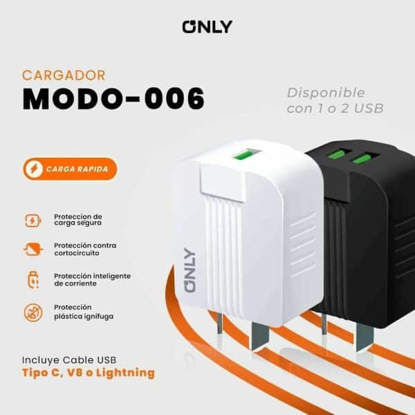 Adaptador - Cargador 220V – 2 USB – ONLY