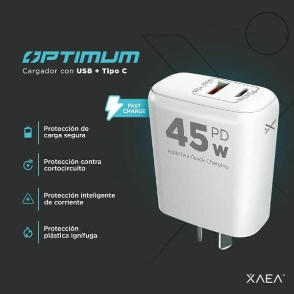 Adaptador - Cargador 220V - 1 USB + Tipo C - OPTIMUM