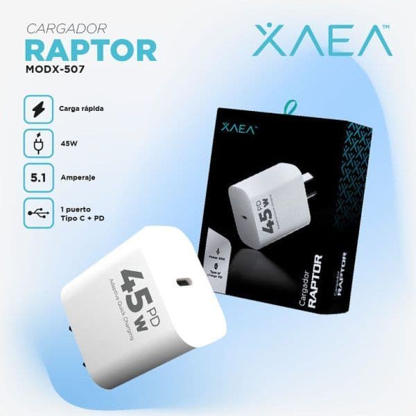 Adaptador - Cargador 220V - 1 Tipo C + PD - RAPTOR