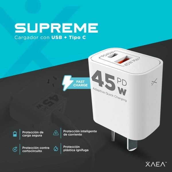 Adaptador - Cargador 220V - 1 USB + 1 Tipo C - SUPREME